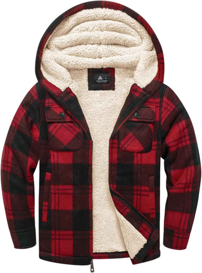 zitysport Shirt Jacket Boys Thick Hoodie Checked Jacket Children with Zip Warm Flannel Jacket Boys Sweat Jacket Outdoor Fleece Jacket Winter Jackets for Boys with Chest Pocket