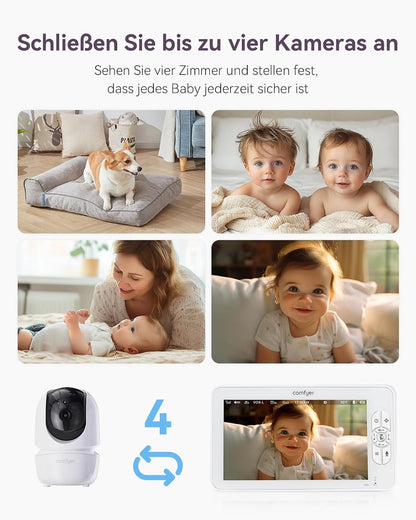 Comfyer BM01 Split-Screen Babyphone mit 2 Kameras, 7" HD 720P ohne WLAN mit Halterung, IR-Nachtsicht VOX-Modus mit Sound-Alarm 2-Wege-Audio 6000mAh 300M Reichweite Videoüberwachungsgerät
