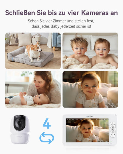 Comfyer BM01 Split-Screen Babyphone mit 2 Kameras, 7" HD 720P ohne WLAN mit Halterung, IR-Nachtsicht VOX-Modus mit Sound-Alarm 2-Wege-Audio 6000mAh 300M Reichweite Videoüberwachungsgerät