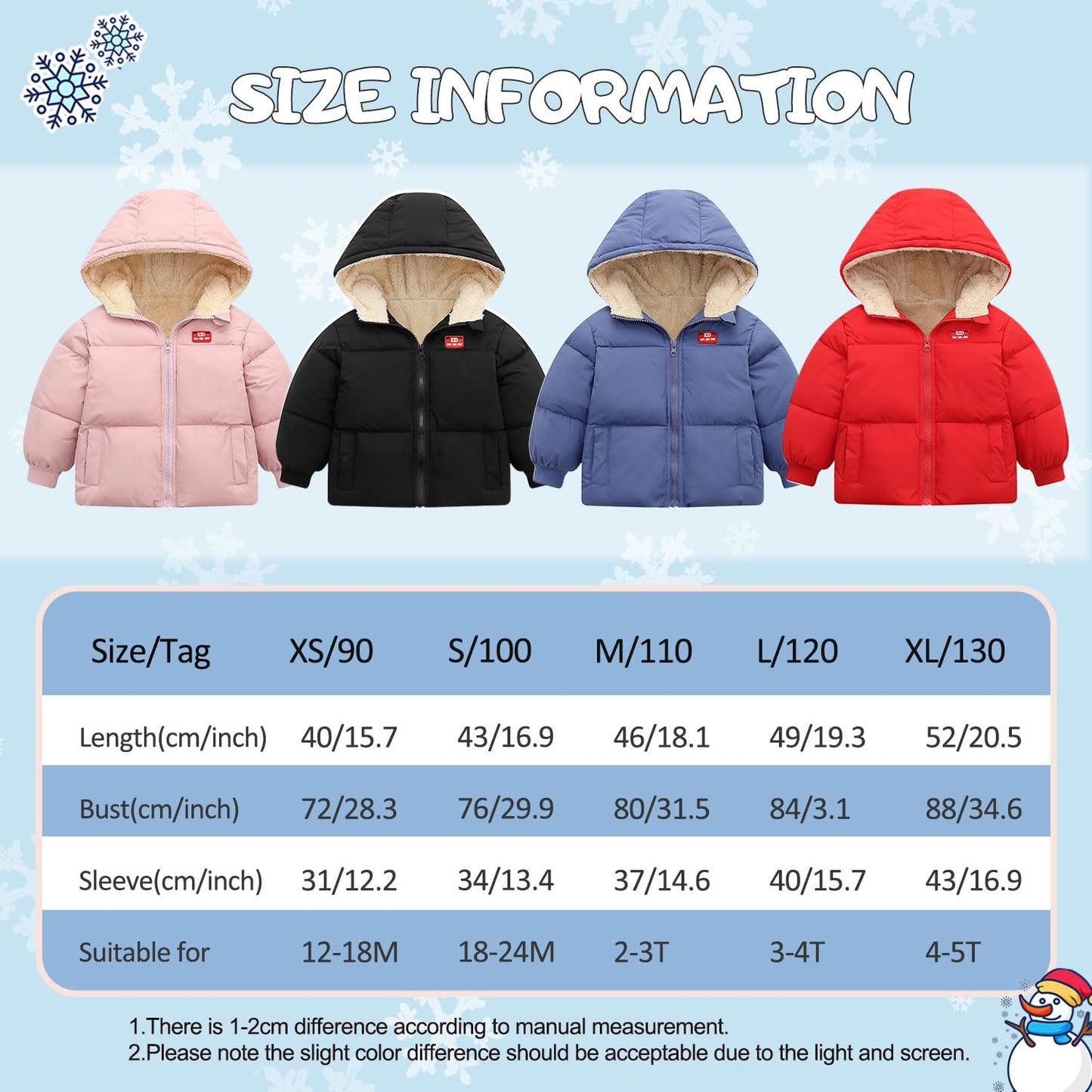 kids4ever Baby Winter Jacket Coat Zip Hooded Jacket Windproof Warm Fleece Outerwear Snowsuit with Two Pockets for Boys Girls 12 Months - 5 Years