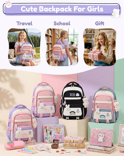 Tanou Schultasche Mädchen, Wasserabweisender Nylon Kinder Schulranzen, 20L | Leichter Schulrucksack für Mädchen der 2. bis 5. Klasse, Rucksack Schule mit Anhänger, Blau