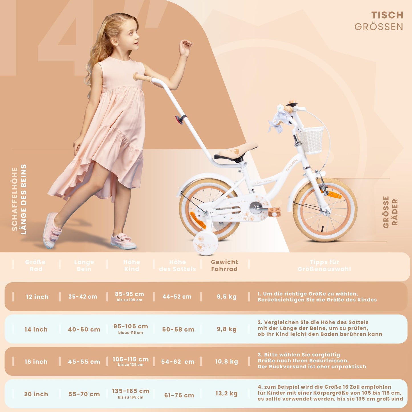 sun baby Mädchenfahrrad Flower Bike Radgröße zur Auswahl, mit Abnehmbarer Schubstange, Kinderfahrrad für Mädchen von 2 bis 6 Jahre