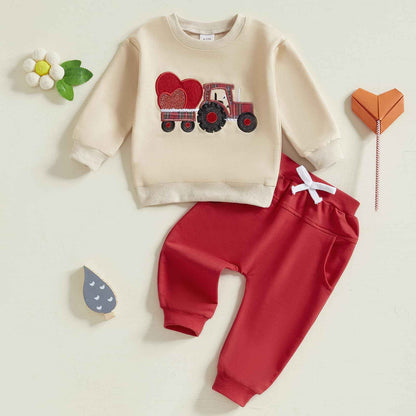Xeadoffubio Baby Boys' Spring Outfit, Tractor/Car Print Tracksuits, Long Sleeve Car Print Sweatshirts + Elastic Drawstring Trousers, 2-Piece Sports Clothing Set, Soft Tractor Outfits