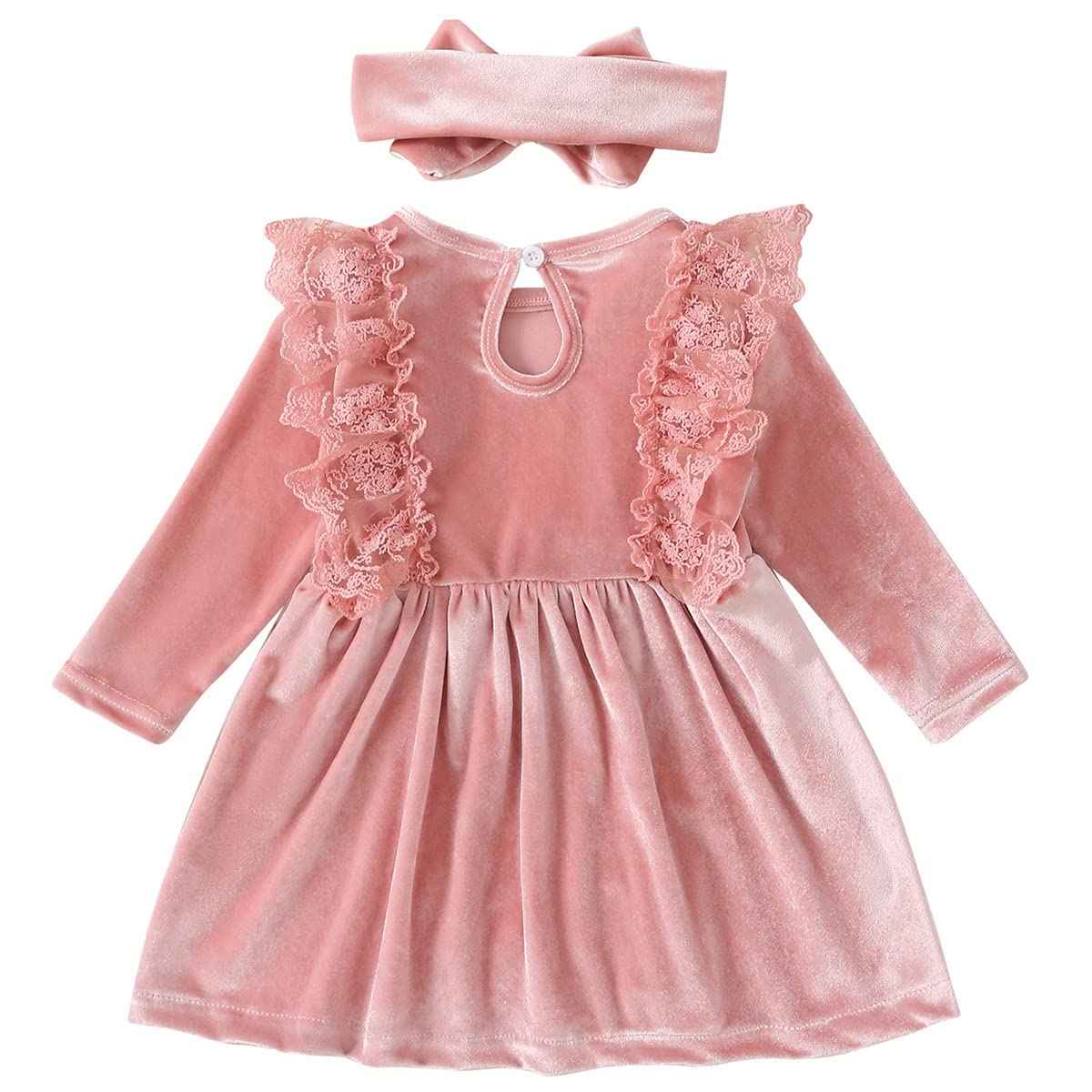 Baby Dress Girls Long Sleeve Lace A Line Princess Velvet Dress + Headband Wedding Festive Autumn Winter Clothing