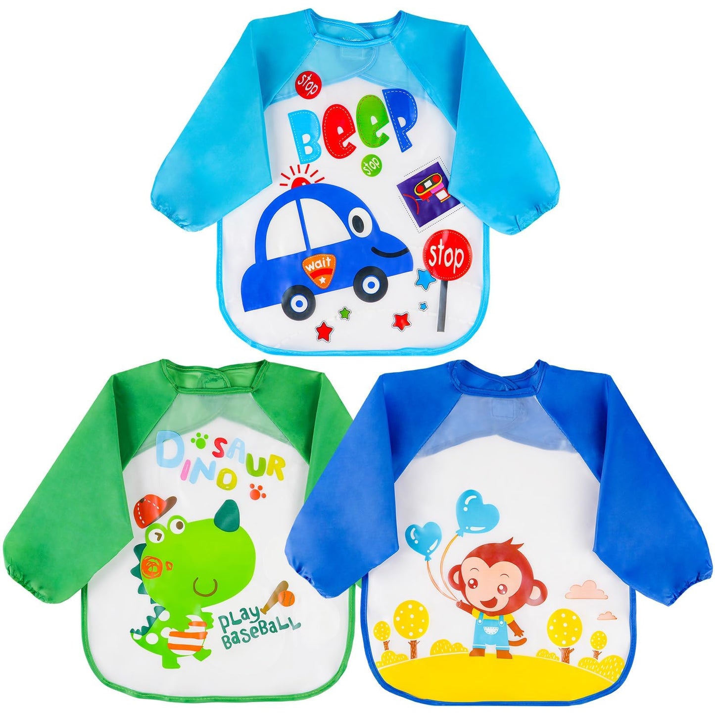 Vicloon Waterproof Baby Bibs, 5pcs Baby Bibs with Long Sleeves, Sleeved Bibs, Unisex Bib Set for Eating, Arts, Crafts, Painting, Playing (Pink, Blue, Green, Yellow) 