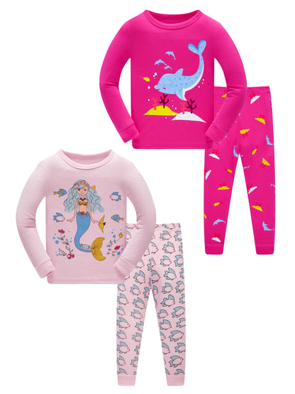 LOLPIP Mädchen Pyjamas 100% Baumwolle Schlafanzug für Kinder Schlafkleidung Langarm 4 Stück Set 1-12 Jahre