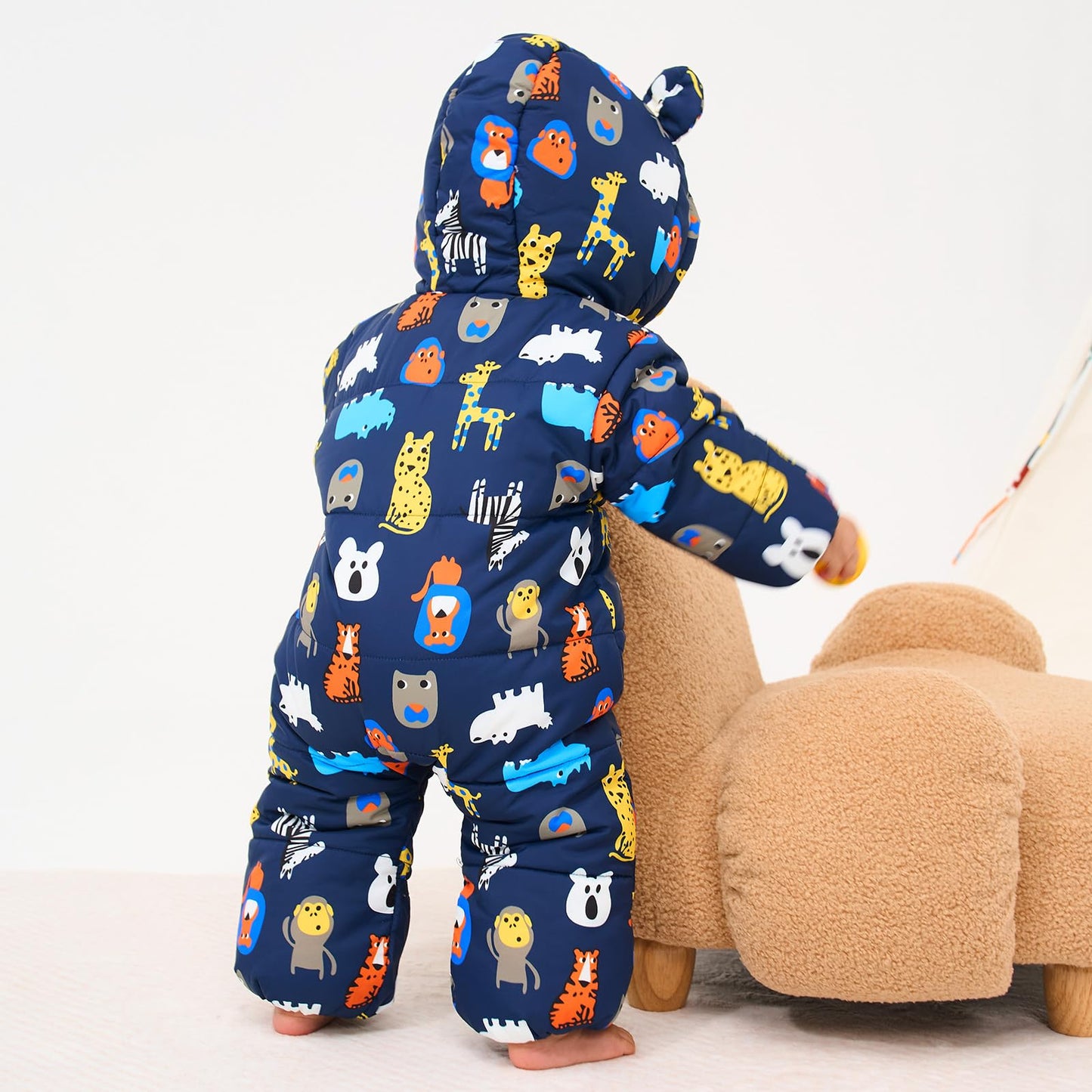 JiAmy Baby Winter Snowsuit, Toddler Bear Hood Fold-Over Mittens Booties Jumpsuit Toddler Warm Fleece Romper Girls Boys Warm Jumpsuit 3-24 Months