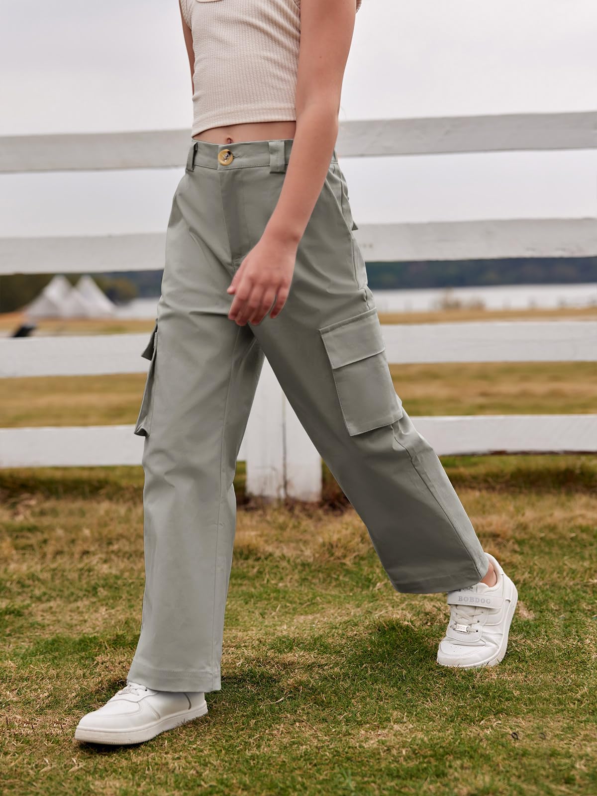 Haloumoning Mädchen Cargohose Baumwoll Y2K Baggy Cargo Hose Kinder Straight Leg Hohe Taille Jogginghose Casual Outdoorhose mit Elastische Taille und Taschen