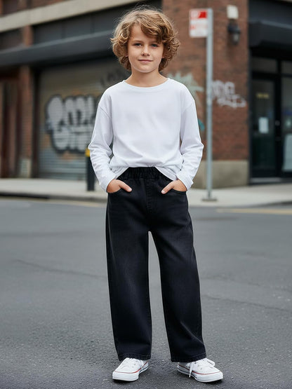Baggy Jeans Jungen Weites Bein Gummibund Denim Jeanshosen Gr.120-170 | Baumwolle Lässige kinder Jeans Jungen Elastischer Freizeithose für 5-14 Jahren