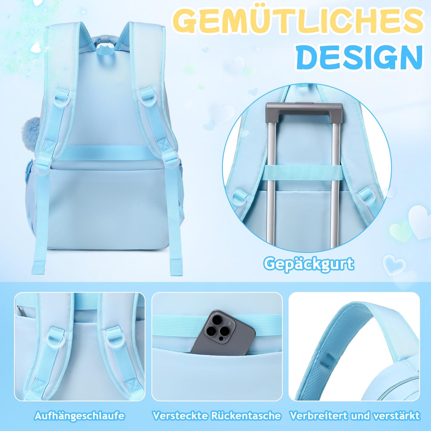 Schulrucksack Mädchen Herzdesign 22L mit Gepäckgurt für Schule | Spitze & Schleifendetails, Ergonomische 3D-Rückenpolsterung, wasserabweisendes Polyester, zahlreiche getrennte Fächer