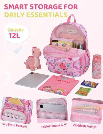 Kinderrucksack für Mädchen 5–8 Jahre, 12L Leichter & Wasserabweisender mit Brustgurt, Perfekt für Vorschule & Grundschule，Regenbogen