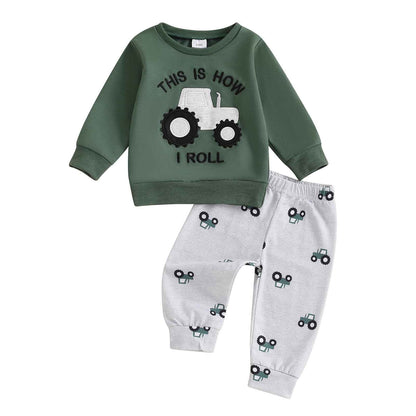 Baby Boys Soft Clothing Sets Toddler Cute Two Piece Outfit Long Sleeve Tractor Print Sweatshirt and Trousers Set Autumn Winter Jogging Suit
