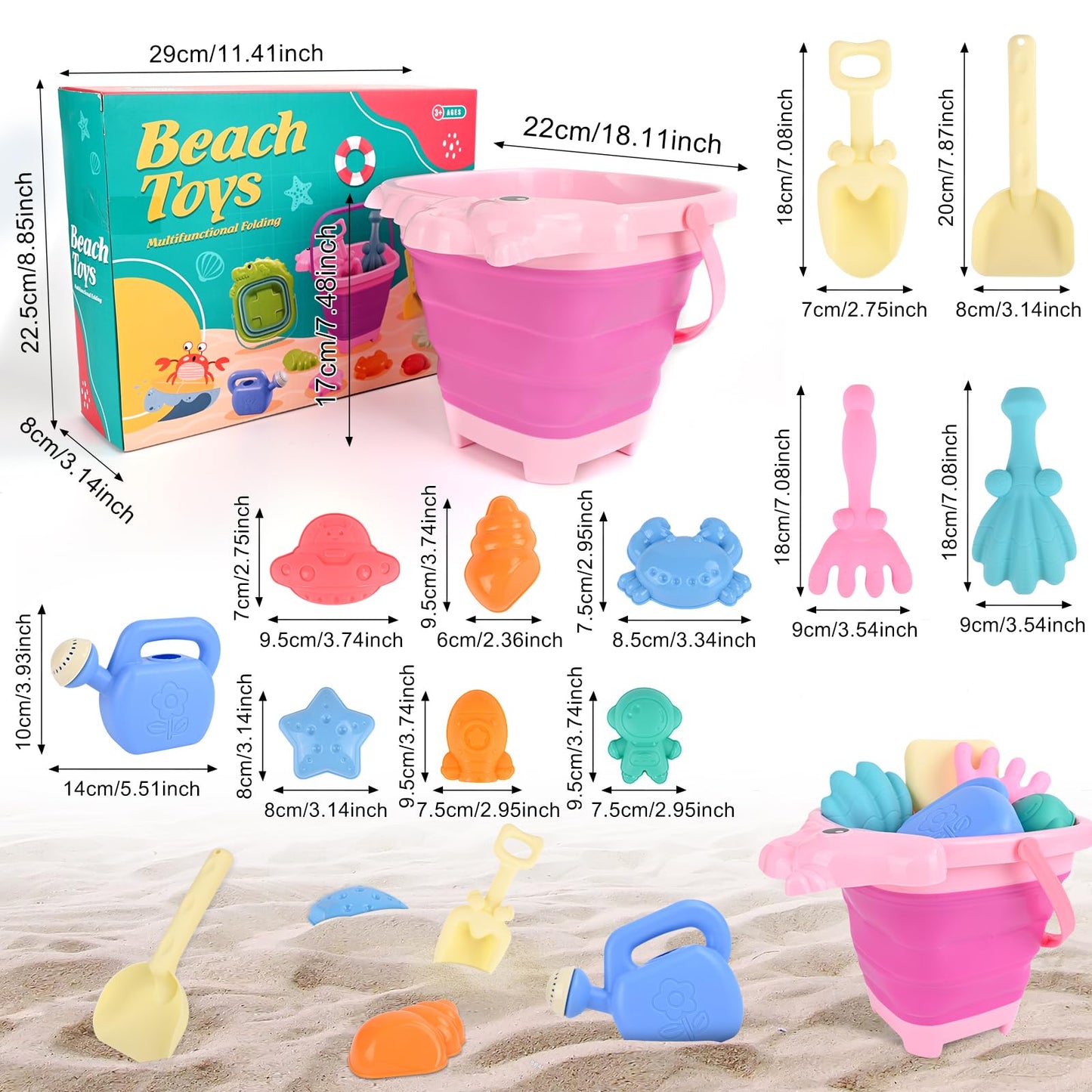 Euakee Sand Toy for Children, 11 Pieces Sand Toys with Foldable Bucket, Sanity Toy Set, Sand Toy Beach, Sandpit Toy for Children 3 4 5 6 7 Years (Orange)