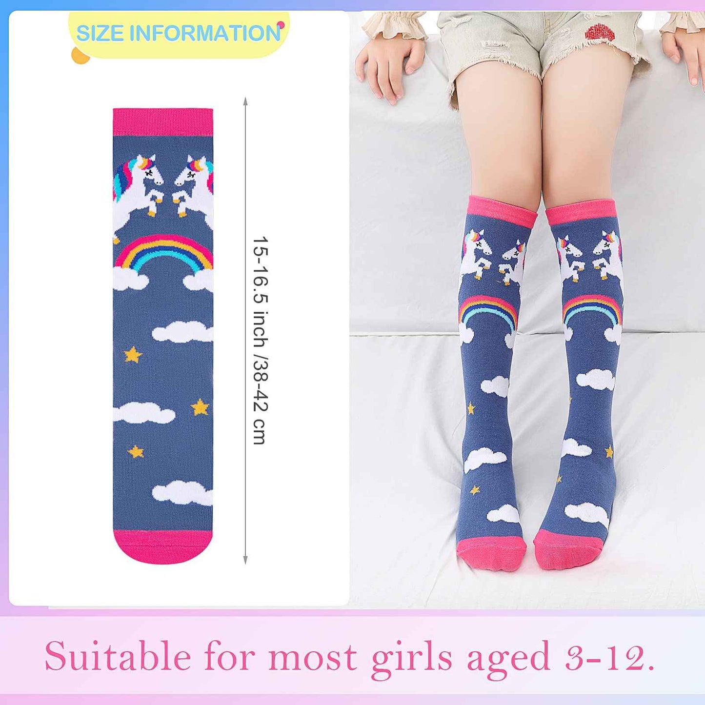 PHOGARY 6 Pairs of Knee Socks for Girls, Cute Socks Colourful Socks Children, Warm Knee Socks Children, Medium Calf Length, Long Knee Socks Girls from 3 to 12 Years, One Size