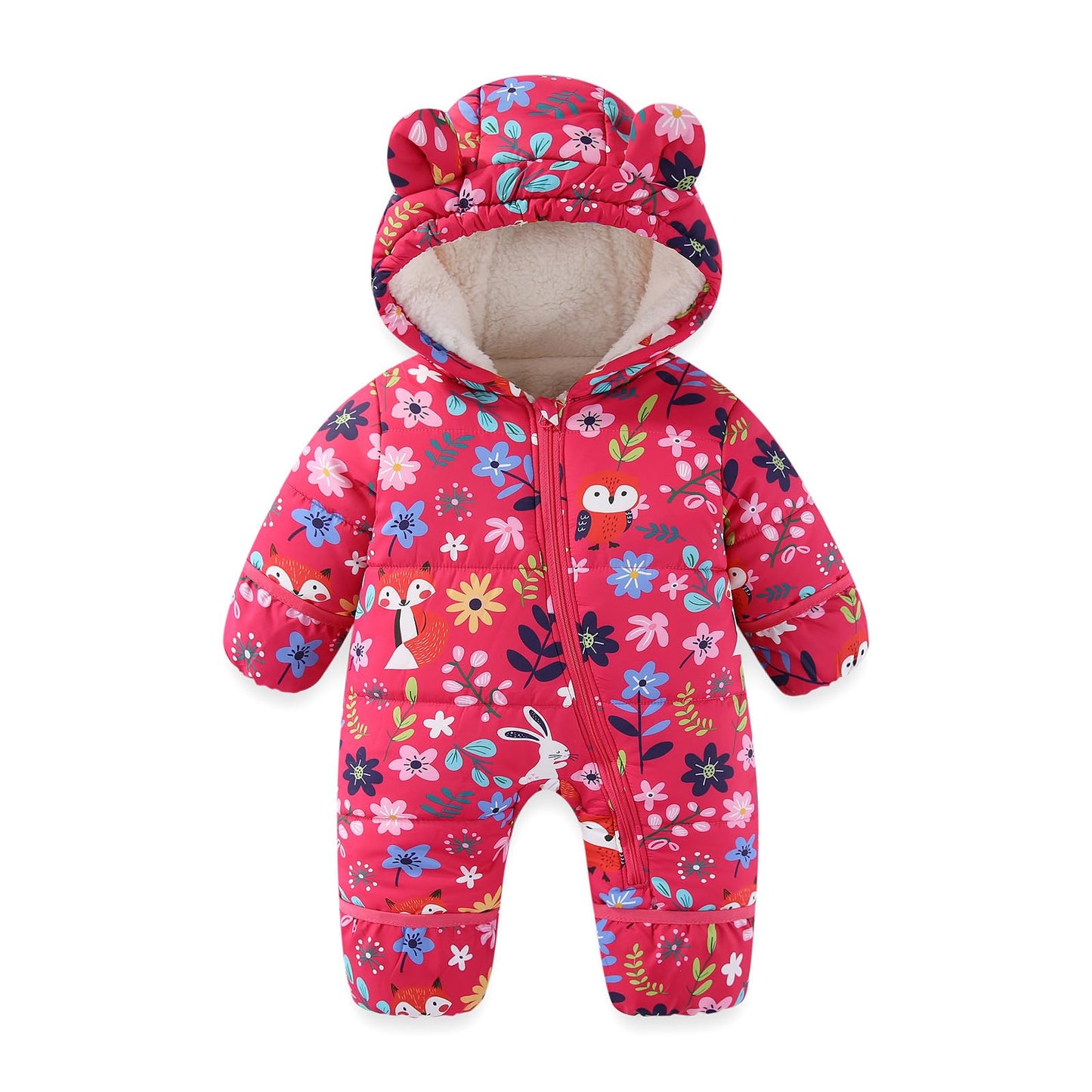 JiAmy Baby Winter Snowsuit, Toddler Bear Hood Fold-Over Mittens Booties Jumpsuit Toddler Warm Fleece Romper Girls Boys Warm Jumpsuit 3-24 Months