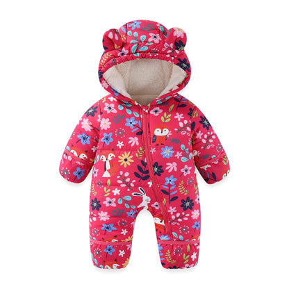 JiAmy Baby Winter Snowsuit, Toddler Bear Hood Fold-Over Mittens Booties Jumpsuit Toddler Warm Fleece Romper Girls Boys Warm Jumpsuit 3-24 Months