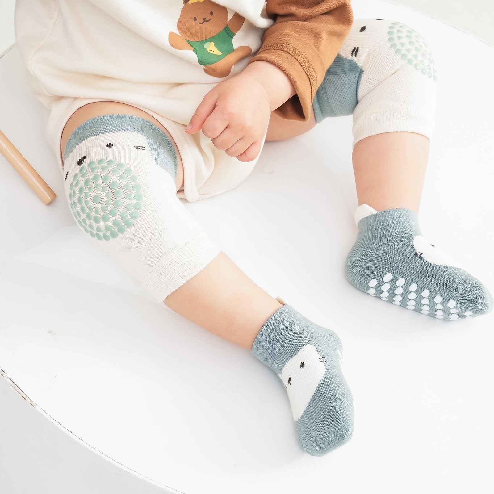 3 Paar Baby Knieschoner und 3 Paar Baby Socken Baby Krabbeln set, Anti Rutsch mit Gummipunkte Krabbelschoner Stulpen Knieschützer für Kleinkinder 0-12 Monate
