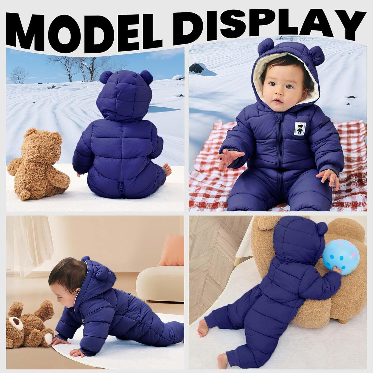 Minizone Baby Winter Jumpsuit with Hood, Romper Snowsuit Boys and Girls, Long-Sleeve Jumpsuit, Warm Outfits, Gift, 6-9 Months, 80 cm, Black