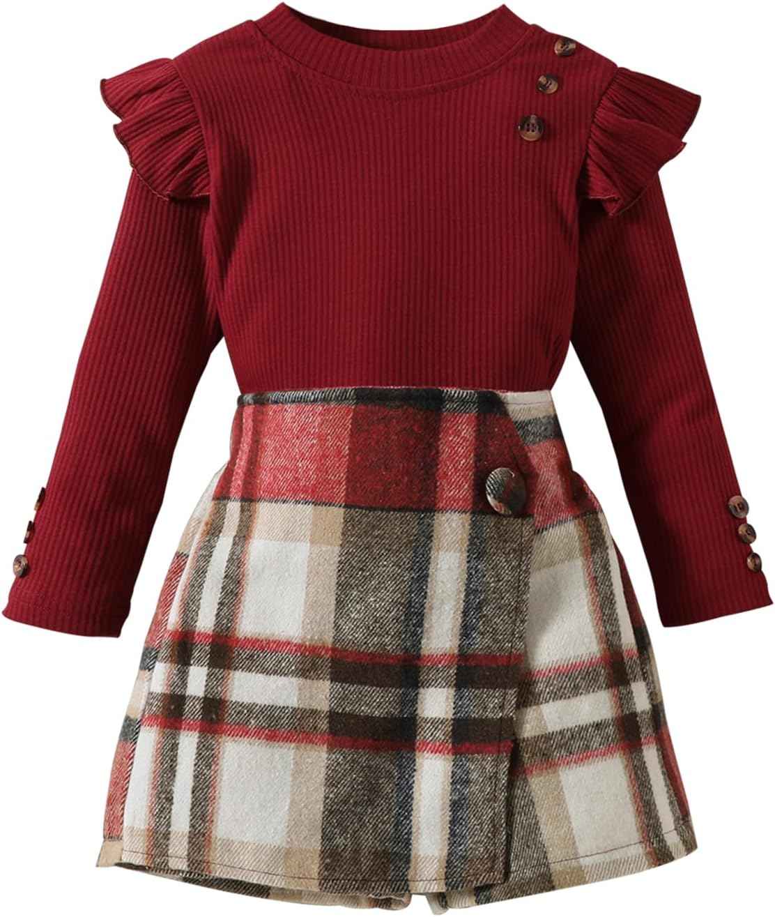 UUAISSO Kleinkind Baby Mädchen Kleidung Langarm Gerippte Oberteile Plaid Tweed Muster Rock Baskenmütze Herbst Knopf Outfits Sets