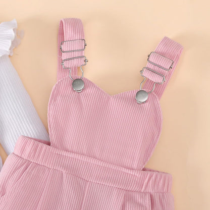 Baby Mädchen Sommer Outfits Rüschen Kurzarm Ripptop+ Blumen/Herzmuster Overalls Shorts Mit Tasche Süßes 2-Teiliges Kleidungsset