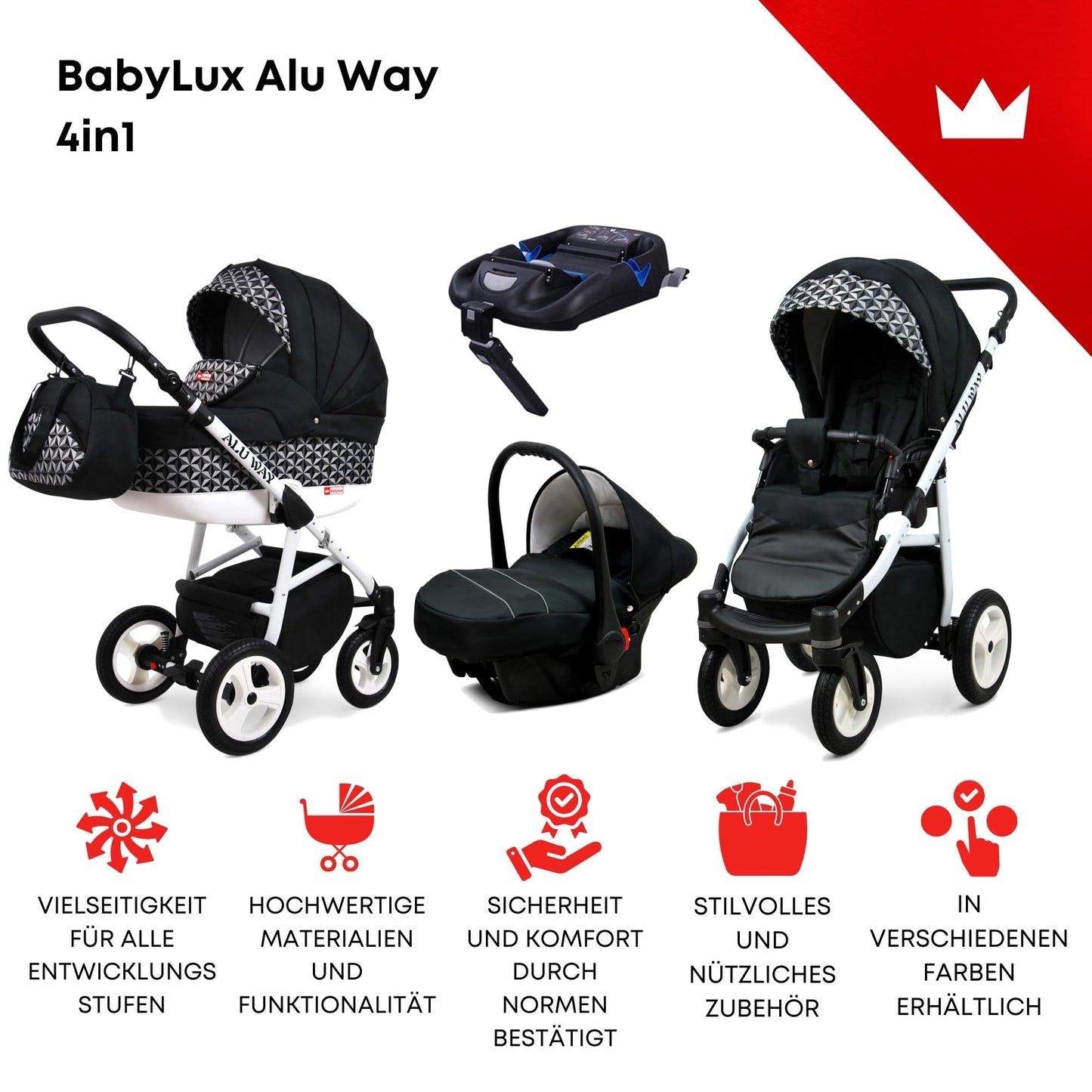 BabyLux® Kinderwagen Set 4 in 1 - Alu Way - incl. Babywanne, Buggy Sportsitz, Auto-Babyschale, ISOFIX-Basisstation - Autositz - Kinderwagenset - Kombikinderwagen mit Wickeltasche usw.