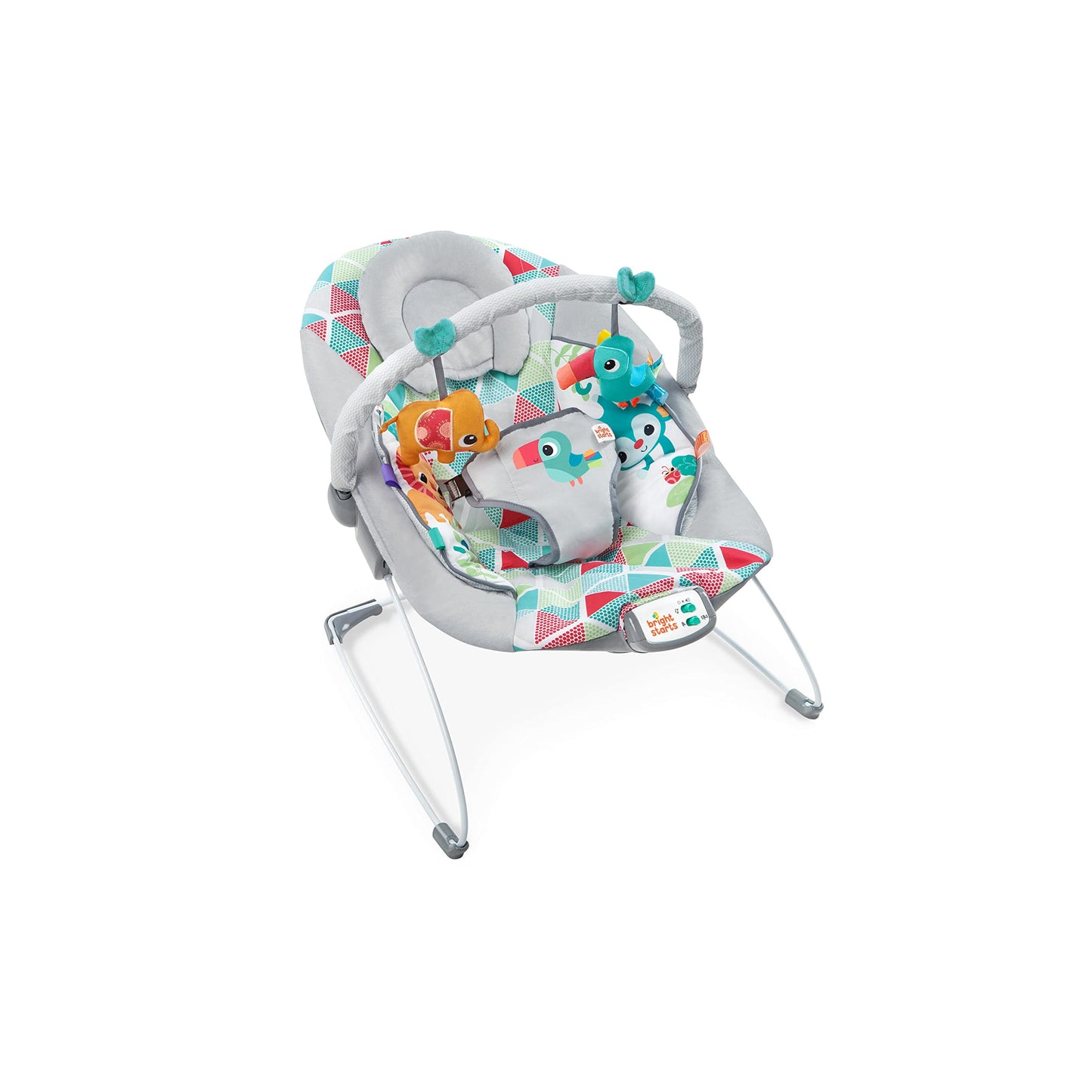 Bright Starts, Babywippe Babyschaukel Safari Fun mit Beruhigenden Vibrationen, Spielbogen mit 2 Spielzeugen, 3-Punkte-Gurt Sitz, Maschinenwaschbares Sitzpolster, ab der Geburt bis 9kg