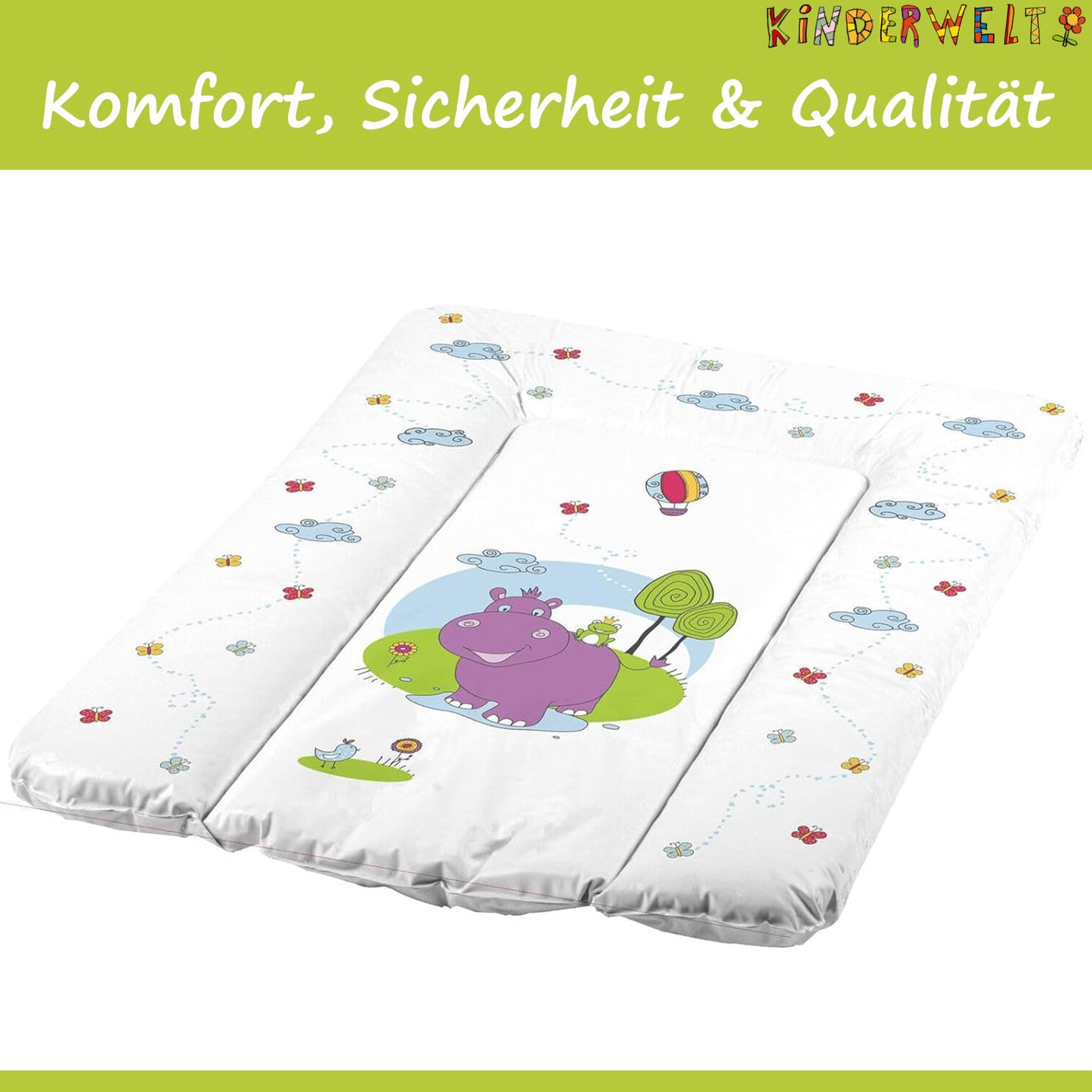 KiNDERWELT Premium Wickelauflage, wasserdichte Wickelunterlage mit Hippo, 50x70 cm, abwaschbare Wickeltischauflage in Weiß, leicht zu tragen, erhöhter Liegekomfort