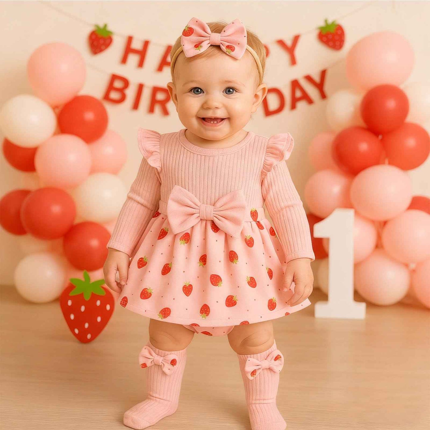 Winmany Strawberry Baby Girls Bodysuit with Sock Bow Headband Newborn Long Sleeve Bodysuit Autumn Winter Spring Jumpsuit Photography Props Clothes