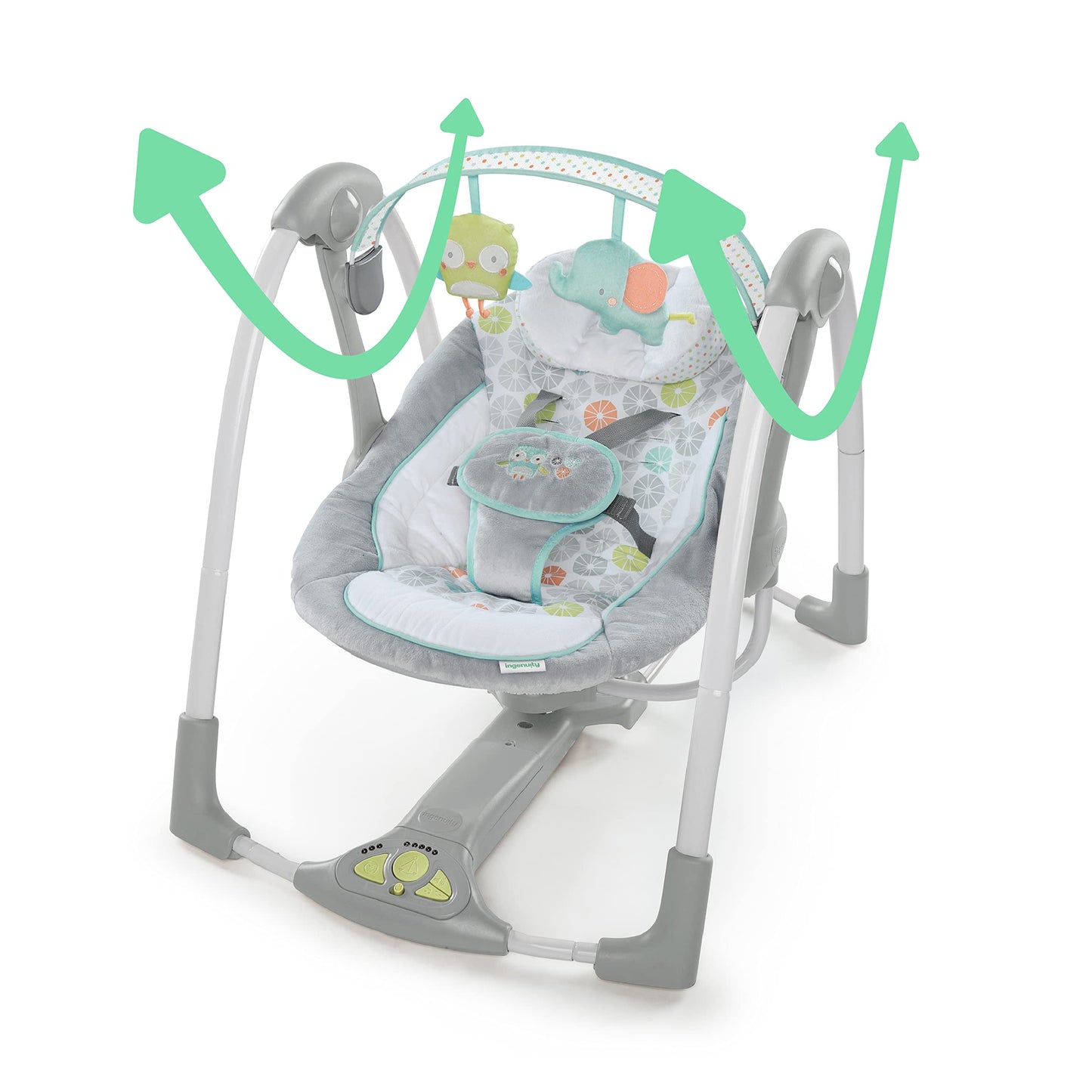Ingenuity Hugs & Hoots zusammenklappbare & tragbare Babyschaukel, 5 Schaukelgeschwindigkeiten, 8 Melodien, 3 Naturgeräusche, Lautstärkeregulierung und Spielzeugbügel, ab der Geburt bis 9kg