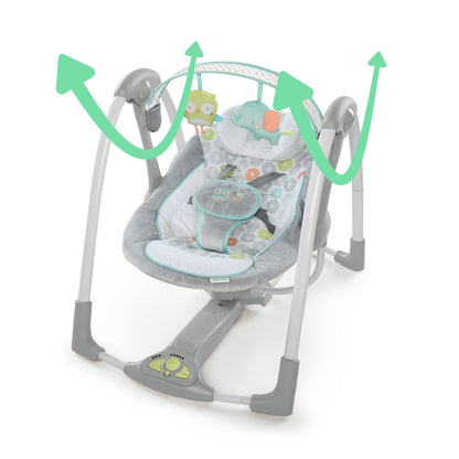 Ingenuity Hugs & Hoots zusammenklappbare & tragbare Babyschaukel, 5 Schaukelgeschwindigkeiten, 8 Melodien, 3 Naturgeräusche, Lautstärkeregulierung und Spielzeugbügel, ab der Geburt bis 9kg