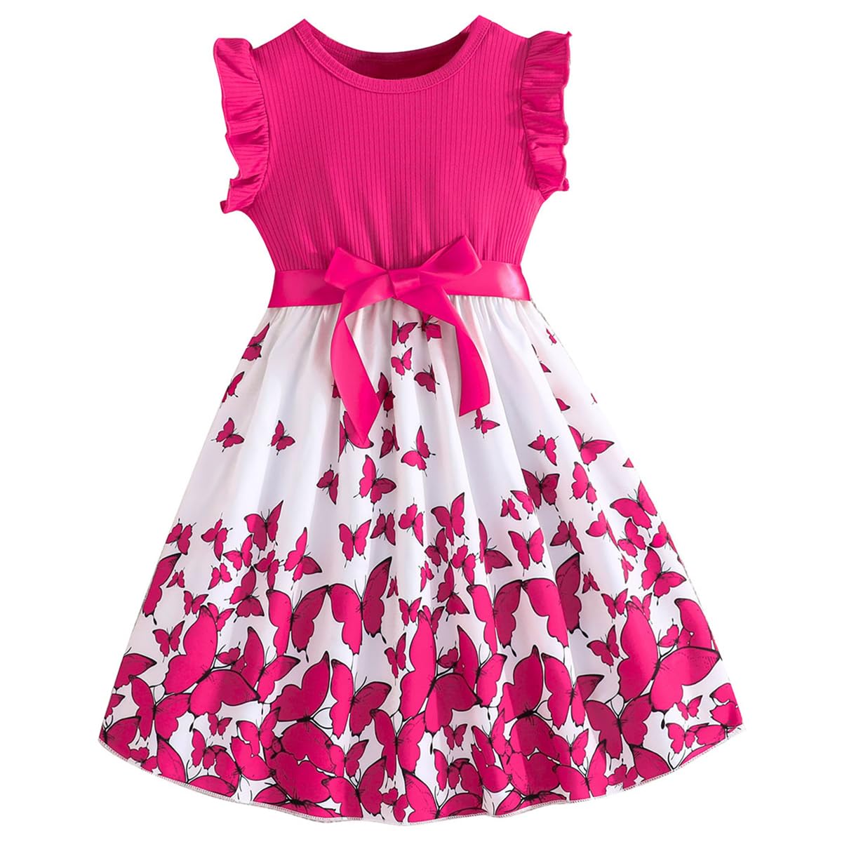 Codkkre Girls Dress Flowers Bowknot Kids Dresses Ruffle Sleeves A-Line Girls Dress Summer Easter Girls Dress Round Neck 104 110 116 122 128 