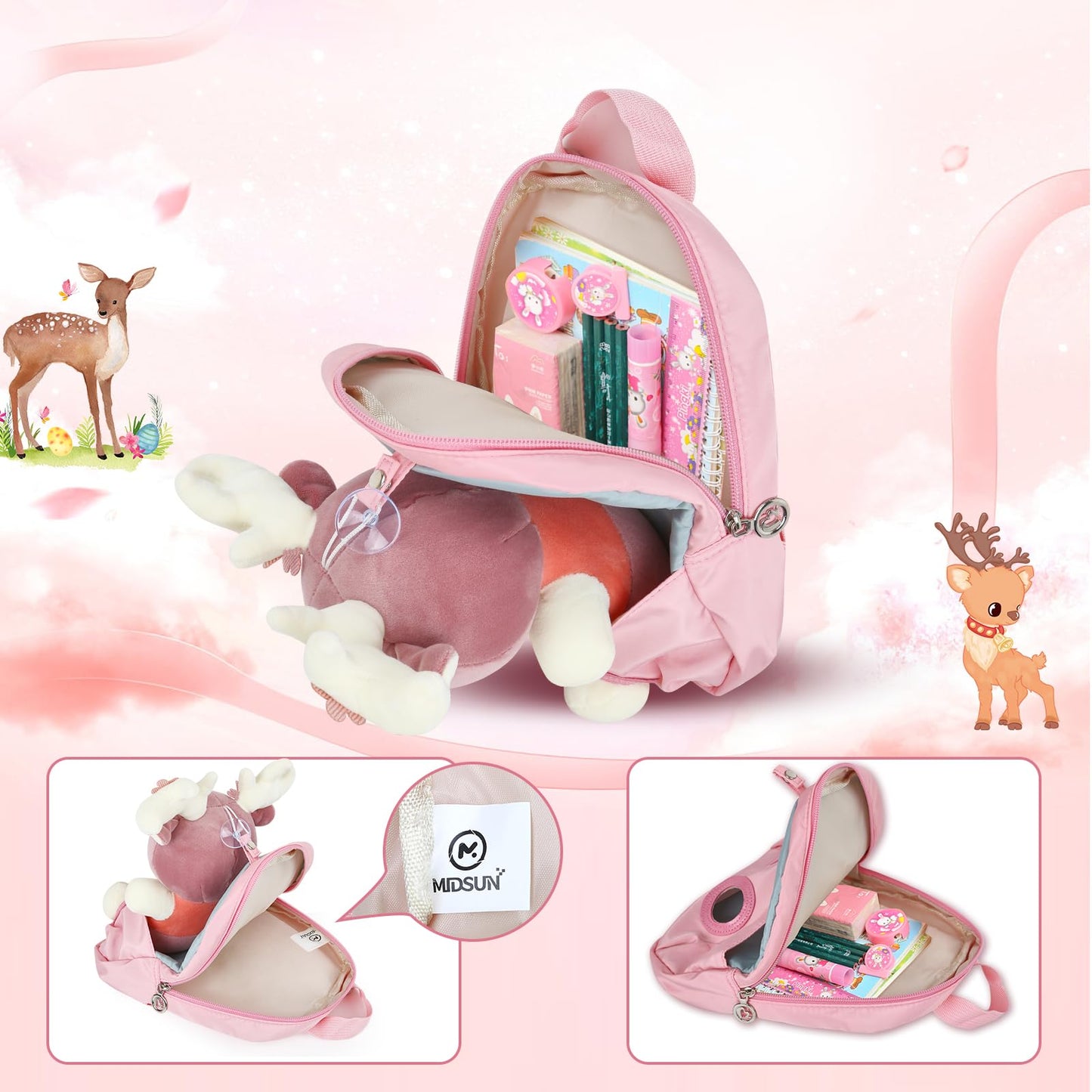 MIDSuN Small Children's Backpack, Removable Plush Doll, Nursery Backpack, Deer Nursery Backpack, Children's Bag for 2-5 Years, Nursery Boys and Girls