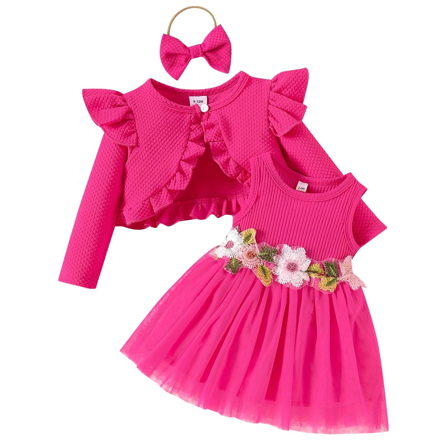 Baby Mädchen Kleid Strickjacke Sets 3 Stück Neugeborene Kleidung Jäckchen + Kleid + Stirnband Frühling Sommer Herbst Winter Langarm Jacke Ärmelloses Kleid für Hochzeit Weihnachten