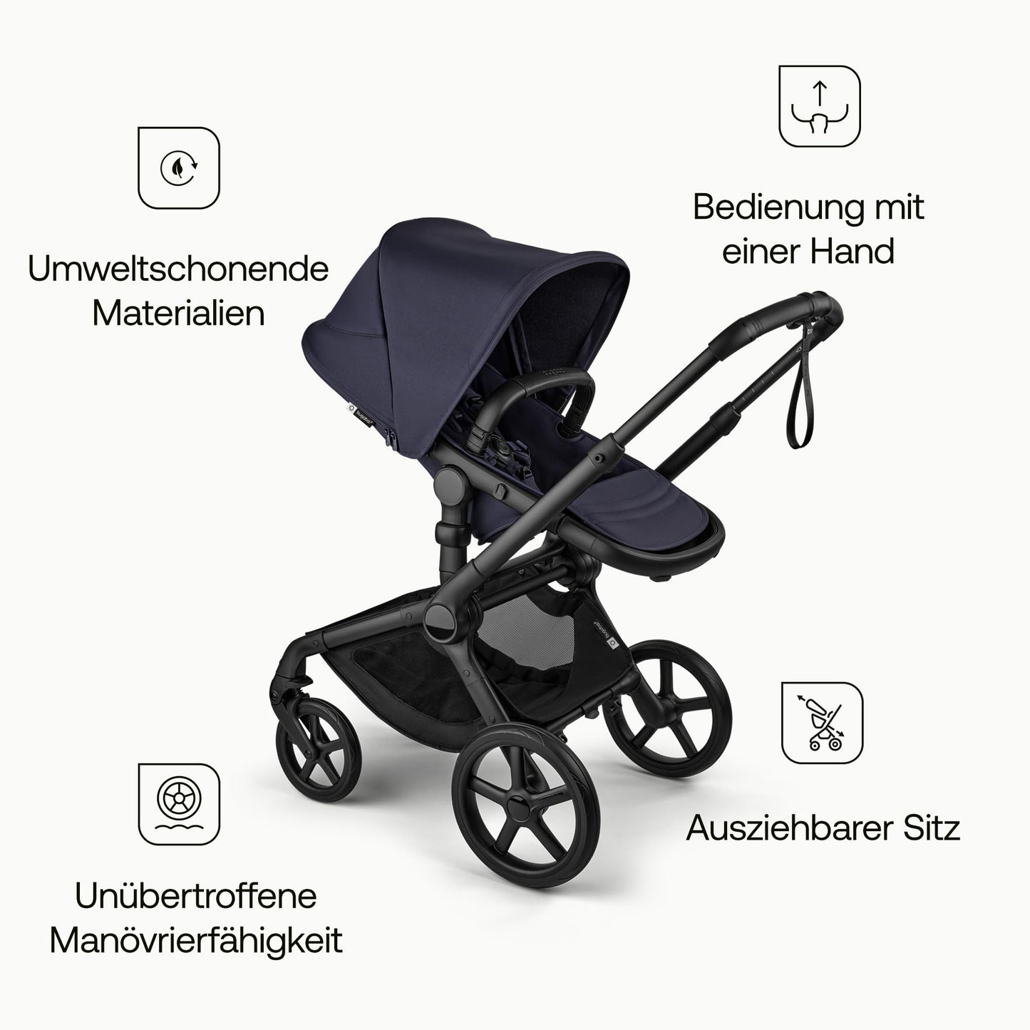 Bugaboo Fox 5, 2-in-1 Kinderwagen für jedes Gelände, mit Liegewanne und ausziehbarem Kleinkindsitz, einfach zu manövrieren und Ein-Hand Faltung, Fahrgestell in Schwarz und Sonnendach in Forest Green