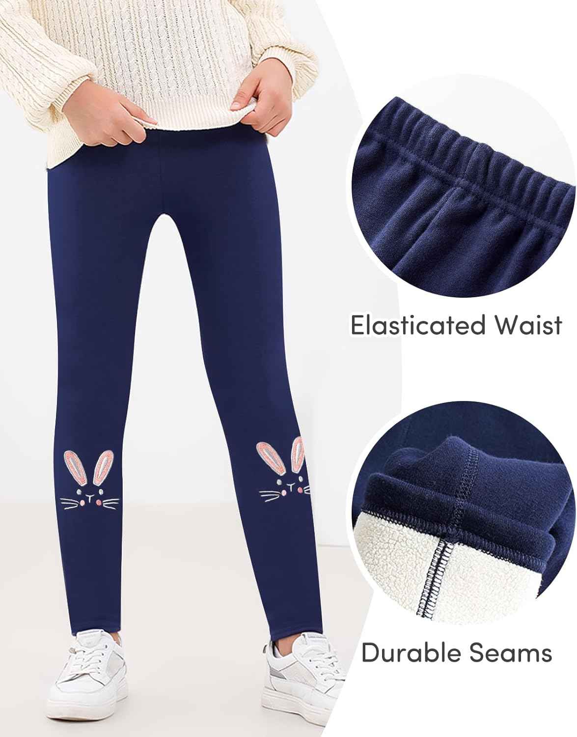 Domee Girls' Leggings Lined Thermal Trousers Warm Winter Cotton Embroidered Rabbit