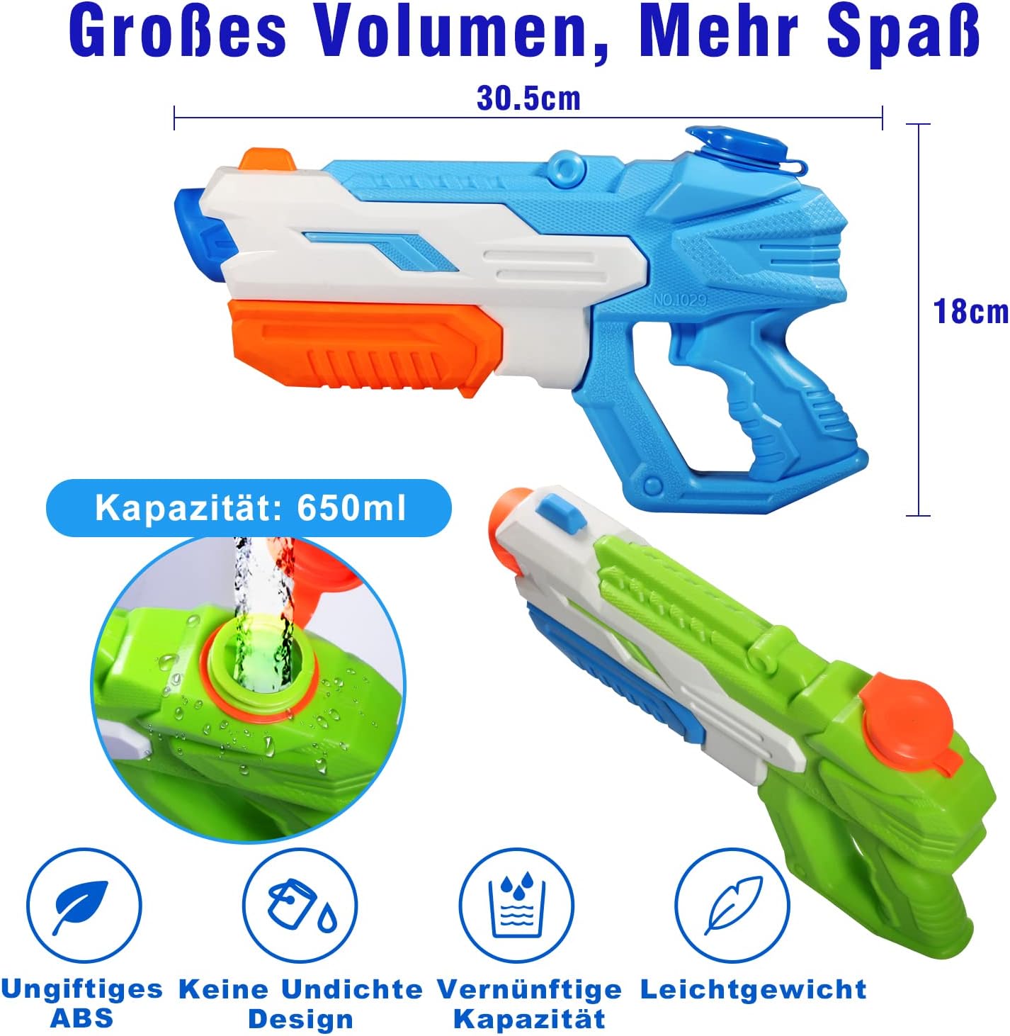 Delycazy Wasserpistole für Kinder, 2 Stücke Wasserpistole mit 10 Meter Großer Reichweite Super Wasser Soaker Spritzpistole 650ML Wasserspritzpistole Schwimmbad Strand Outdoor Spielzeug für Erwachsene