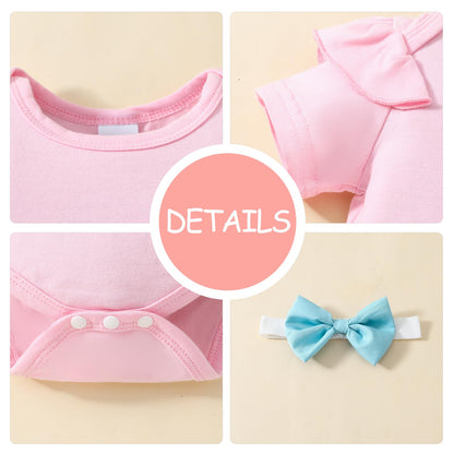 Neugeborenes Baby Mädchen Röcke Sets Kurzarm Rüschen Top + Bedrucktes Overalls Hosenträger Kleid + Stirnband Sommer Kleidung Outfits Set
