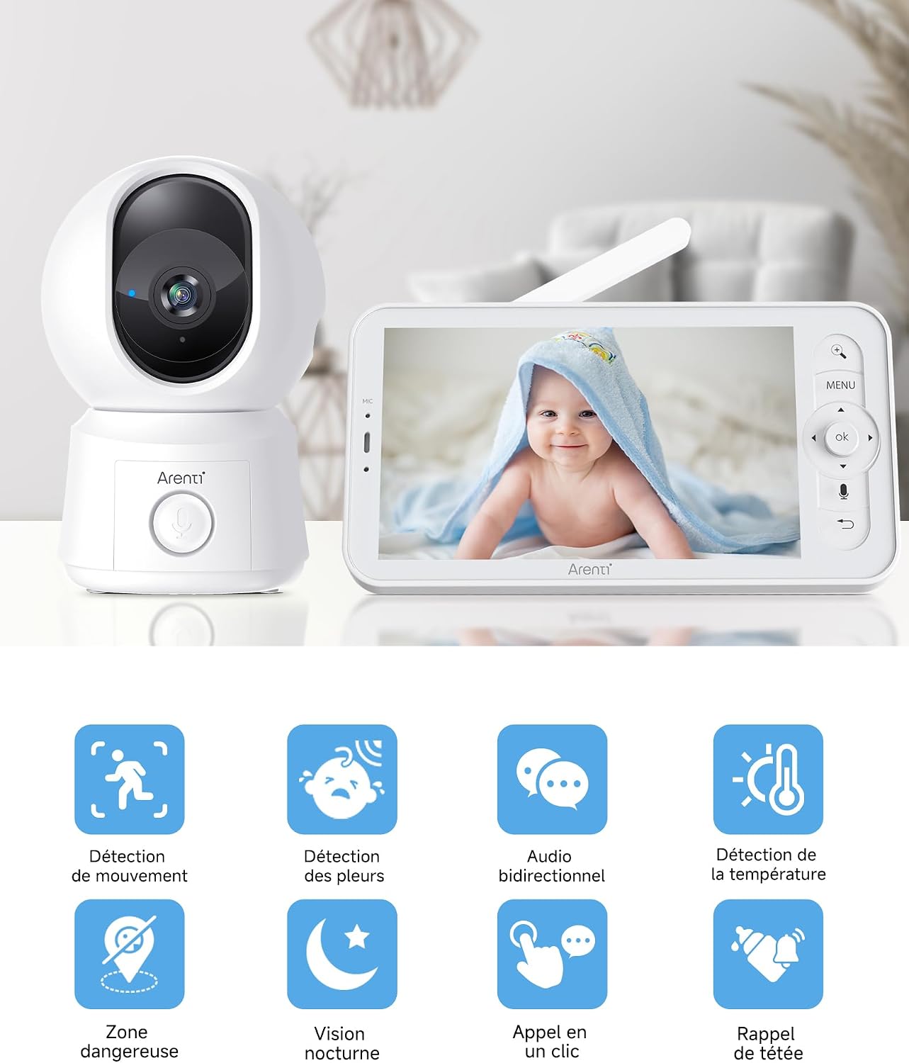 ARENTI 1080P Babyphone mit Kamera mit 5" Display, PTZ Video Babyfon mit Kamera und App, One-Touch-Ruf, Wiegenlied, Temperatursensor, Nachtsicht, 2 Wege Audio, Automatische Verfolgung, VoX Mode