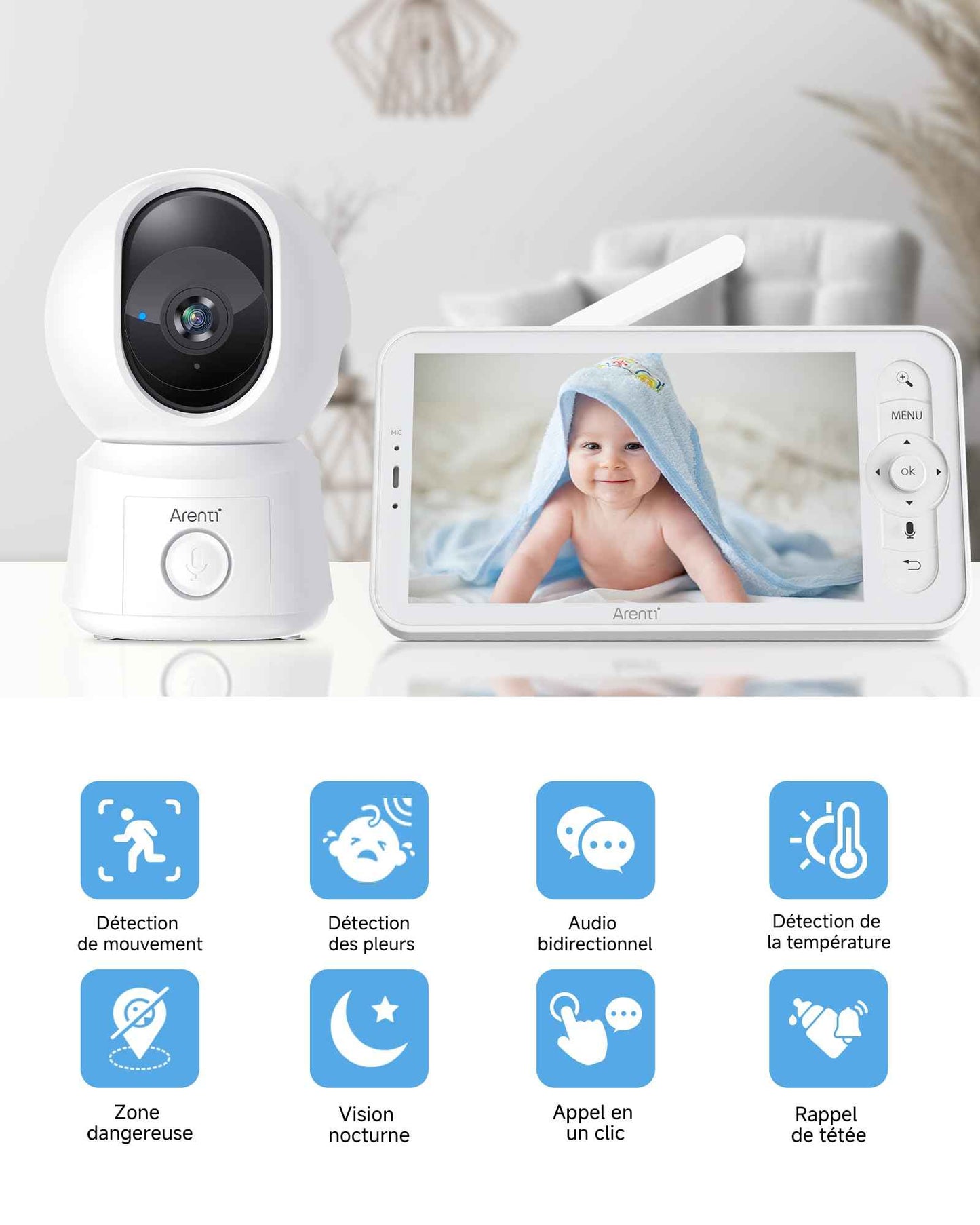 ARENTI 1080P Babyphone mit Kamera mit 5" Display, PTZ Video Babyfon mit Kamera und App, One-Touch-Ruf, Wiegenlied, Temperatursensor, Nachtsicht, 2 Wege Audio, Automatische Verfolgung, VoX Mode