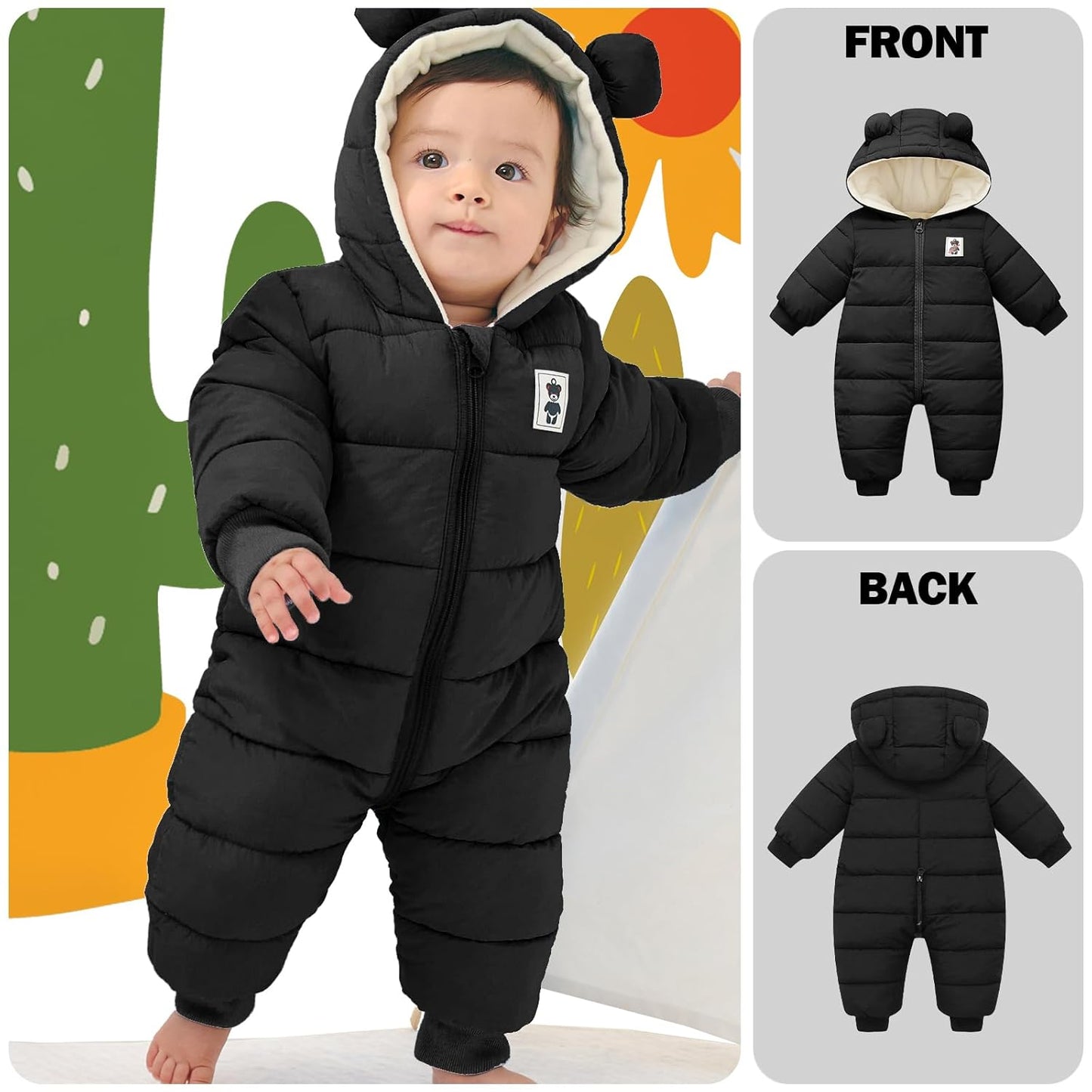 Minizone Baby Winter Jumpsuit with Hood, Romper Snowsuit Boys and Girls, Long-Sleeve Jumpsuit, Warm Outfits, Gift, 6-9 Months, 80 cm, Black