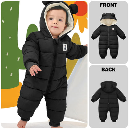 Minizone Baby Winter Jumpsuit with Hood, Romper Snowsuit Boys and Girls, Long-Sleeve Jumpsuit, Warm Outfits, Gift, 6-9 Months, 80 cm, Black