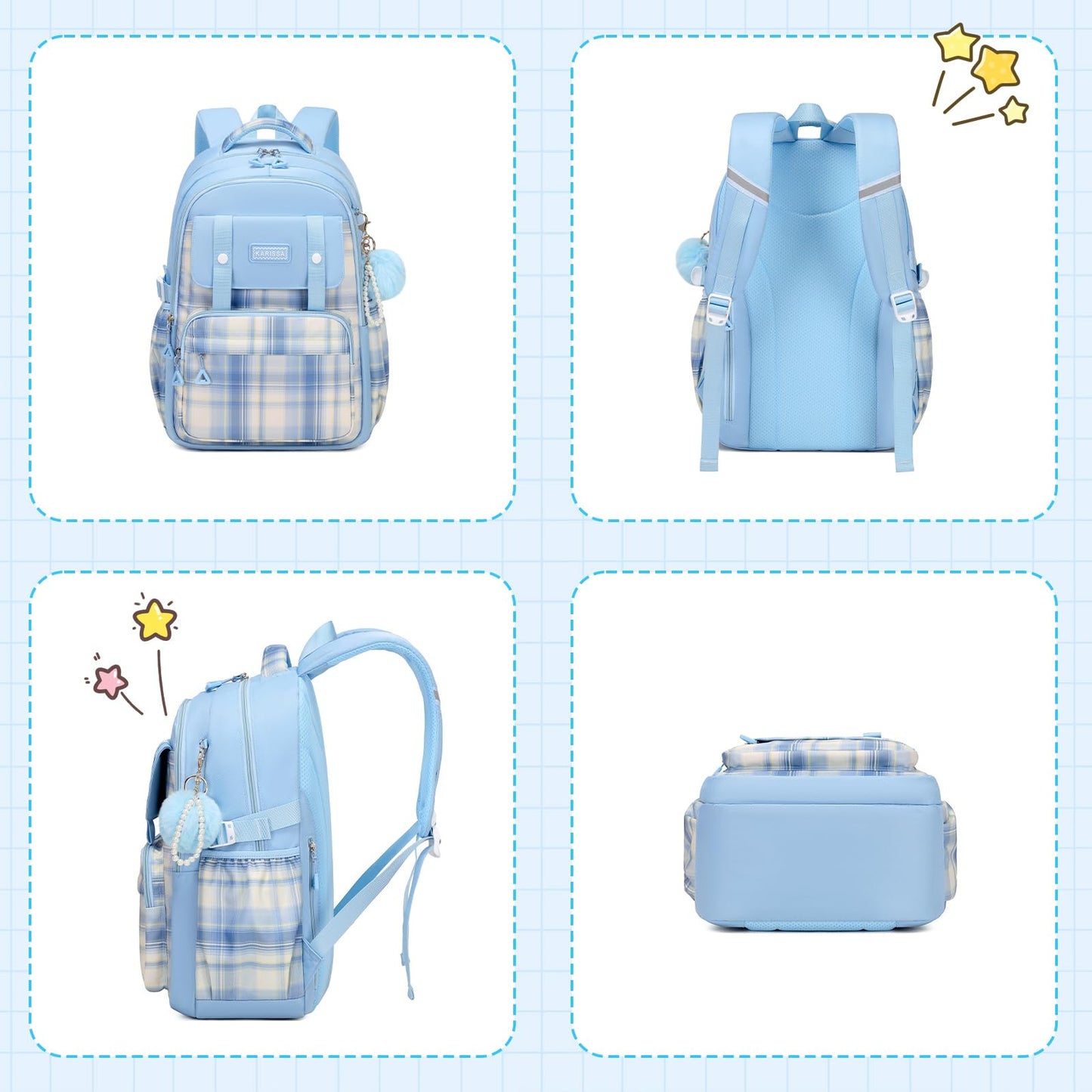 Rucksack mädchen 22L ergonomisch mit reflektierenden Streifen | Wasserdichtes Karogewebe, atmungsaktives 3D-Rückenpolster, zahlreiche getrennte Fächer, passend für 15,6-Zoll-Laptops