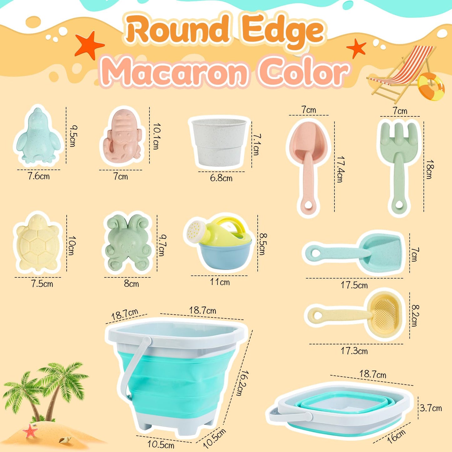 Euakee Sand Toy for Children, 11 Pieces Sand Toys with Foldable Bucket, Sanity Toy Set, Sand Toy Beach, Sandpit Toy for Children 3 4 5 6 7 Years (Orange)