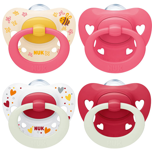 NUK Signature Day & Night Baby Pacifiers | 0-6 Months | Soothes 95% of Babies | BPA Free Silicone Heart-Shaped Pacifier | Glow in the Dark | Hearts | Pack of 4 - Meloni2