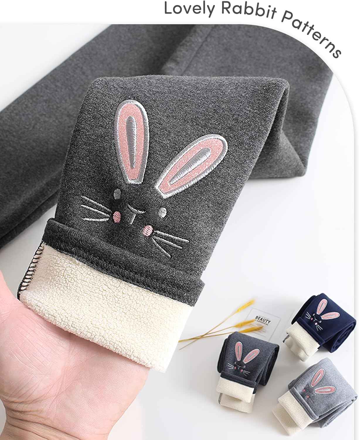 Domee Girls' Leggings Lined Thermal Trousers Warm Winter Cotton Embroidered Rabbit