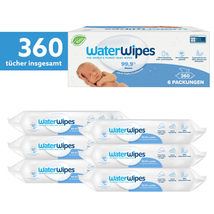 WaterWipes Plastic-Free Original Baby Cleansing Wipes, 360 Wipes (6 Packs), 99.9% Water-Based Cleaning Wipes, Unscented for Sensitive Skin