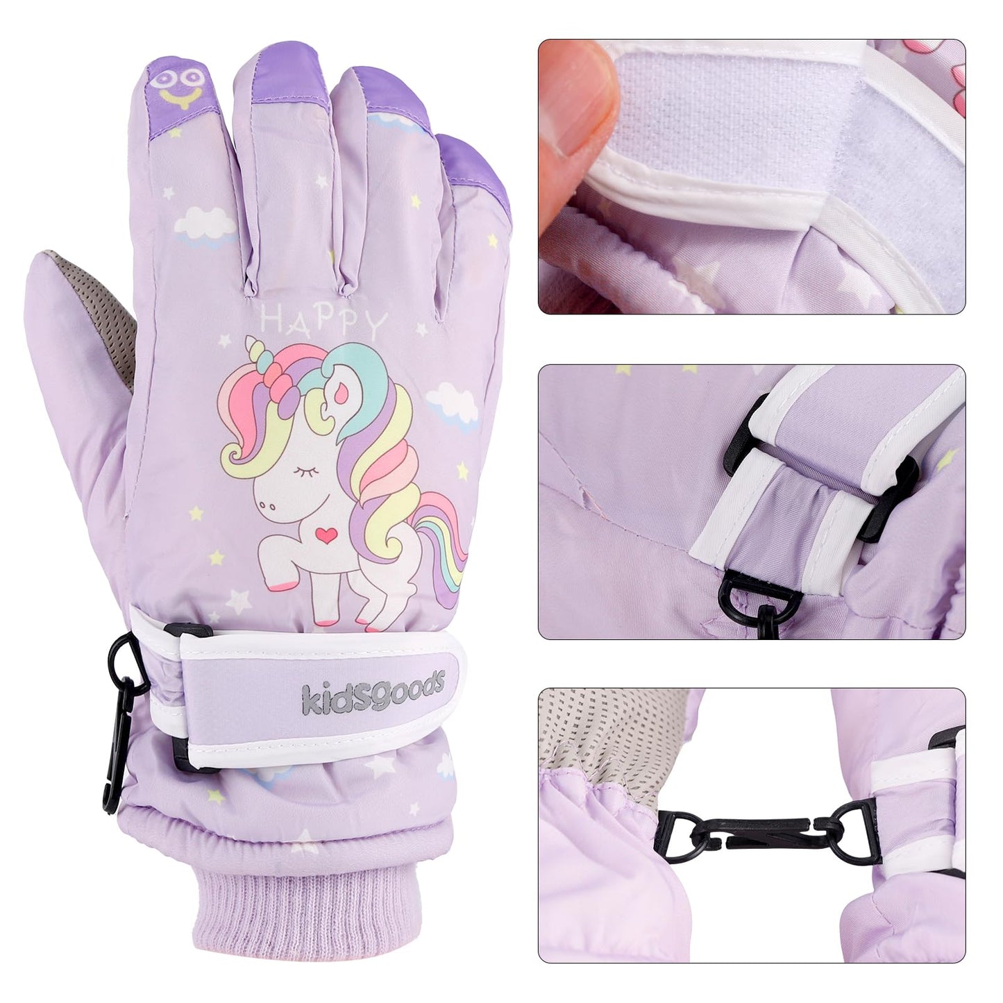 KAKU NANU Children's Winter Gloves 2-10 Years Ski Gloves Waterproof Warm Fleece Cartoon Children's Gloves Mittens with Cord Outdoor Snowboard Gloves Children Boys Girls Blue Red Pink Purple