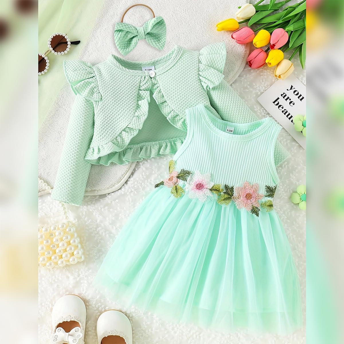 Baby Mädchen Kleid Strickjacke Sets 3 Stück Neugeborene Kleidung Jäckchen + Kleid + Stirnband Frühling Sommer Herbst Winter Langarm Jacke Ärmelloses Kleid für Hochzeit Weihnachten