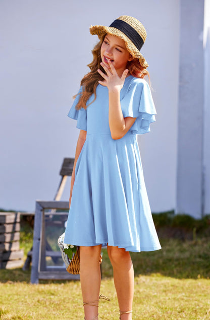 Arshiner Kleider für Mädchen Schmetterlingsärmel Kleid Kinder A-Line Swing Kleid Rundhals Sommerkleid Baumwollekleid Festlich Partykleid Hochzeit Lässige Kinderkleidung mit Tasche