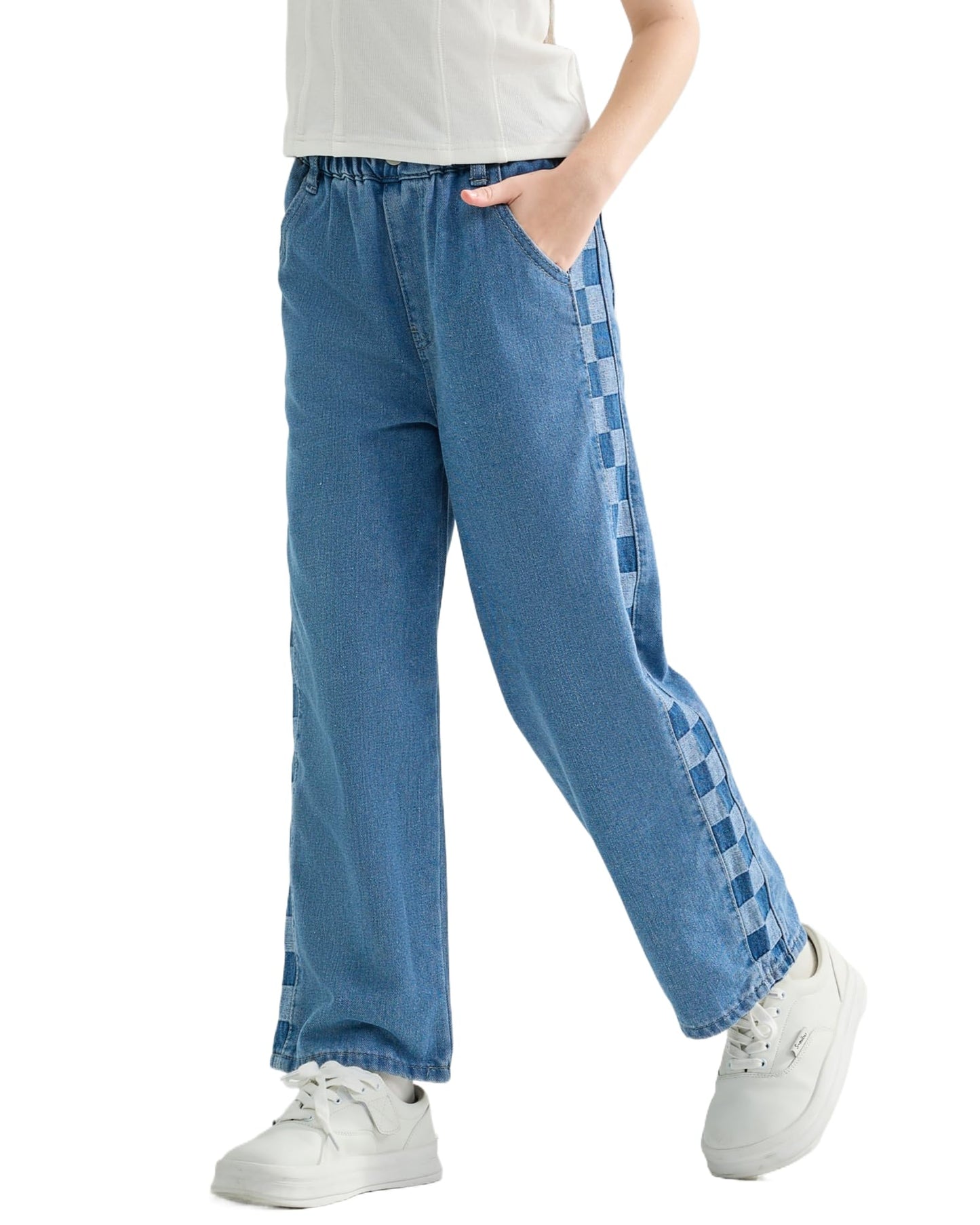 Rolanko Girls' Jeans Trousers with Hole, Denim Blue Jeans, Vintage Trousers With Wide Leg for Children